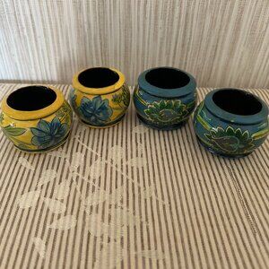 4 Vintage Hand Painted Blue & Yellow Floral Wooden Napkin Rings